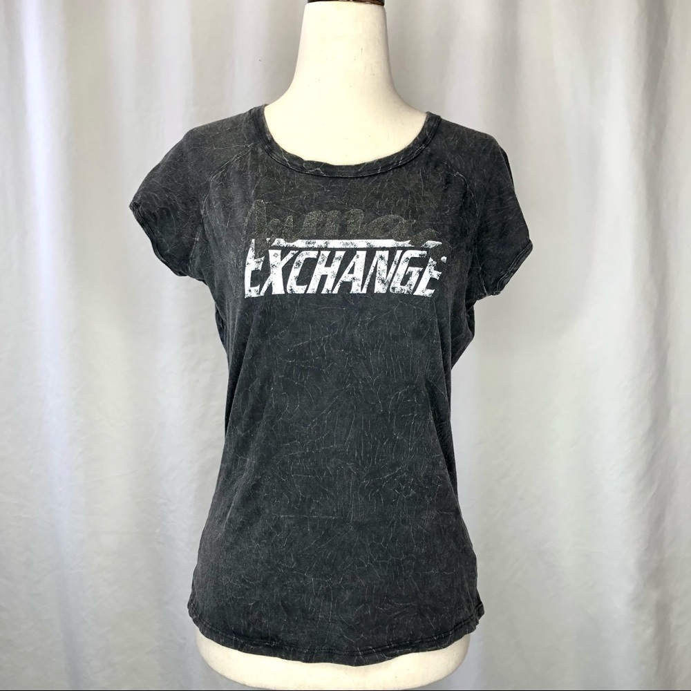 Armani Exchange crinkle texture charcoal grey t-shirt tee raglan cap sleeves M